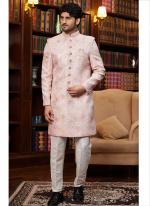 Jacquard Silk Light Pink Wedding Wear Hand Work Readymade Sherwani